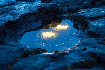 Aufkleber - A tranquil rock pool reflectively captures the clear blue sky and warm glow of the sun, creating an ethereal, peaceful, and natural seaside phenomenon scene.