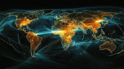Poster - Illuminated World Map with Digital Connections Representing Global Data Flow, Technology Networks, and Modern Communication Trends in a Dark Background