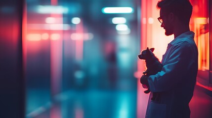 Poster - Veterinarian holding a small dog blurred pet clinic AI generated illustration