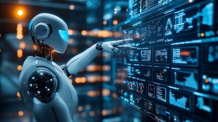 Poster - Robot interacting with a futuristic digital interface.