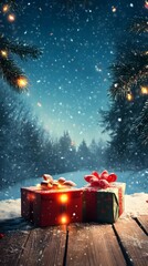 Poster - Vivid christmas scene with presents glowing on a woo abfb AI generated illustration