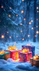 Poster - Whimsical christmas night with colorful presents glo AI generated illustration