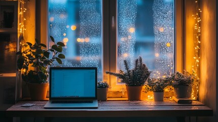 Poster - Winter office setting with frost on the windows cozy AI generated illustration