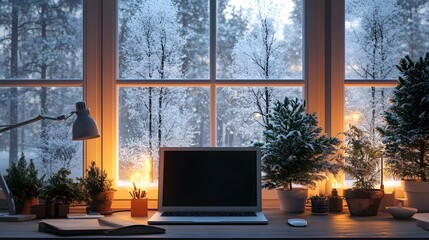 Poster - Winter office setting with frost on the windows cozy AI generated illustration