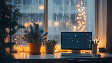 Poster - Winter office setting with frost on the windows cozy AI generated illustration