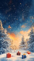 Poster - Winter wonderland with scattered holiday presents a AI generated illustration