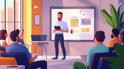 Poster - Young entrepreneur pitching a business idea to inves abcd AI generated illustration