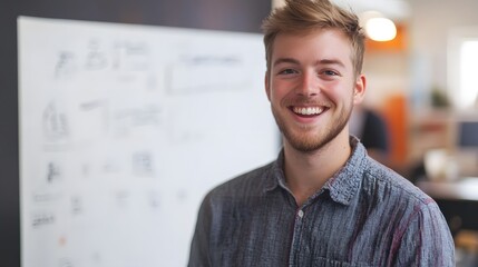 Poster - Young entrepreneur smiling while brainstorming on a AI generated illustration