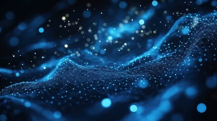 Poster - Abstract tech background displays futuristic particle mesh. Dynamic blue lines, points form wavy pattern. Dark backdrop enhances glowing details. Modern design. Suitable for tech sci-fi concepts.