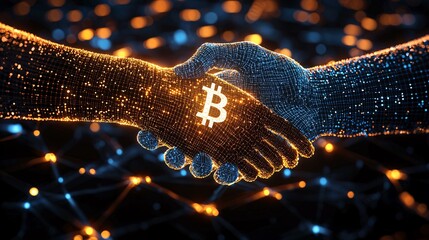 Poster - A global business network demonstrating blockchain-powered smart contracts Stock Photo with side copy space