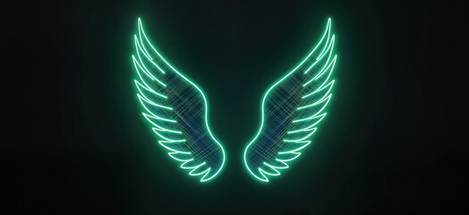 Poster - Neon green, blue wings design on dark background. Abstract illustration with bright glow. Modern, creative visual. Abstract neon wings. Light energy design. Creative art. Stylish illustration.