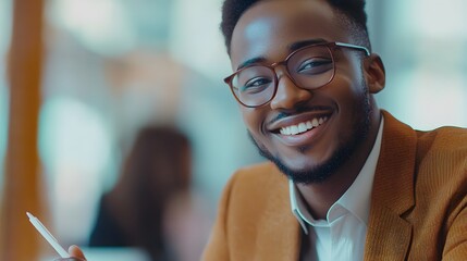 Poster - Young professional smiling while taking notes blurre ffac AI generated illustration