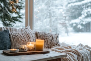 Sticker - Cozy Winter Window Scene With Candles And Pillows