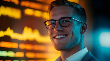 Poster - Young trader smiling confidently in front of a glowi AI generated illustration