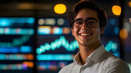 Poster - Young trader smiling confidently in front of a glowi AI generated illustration