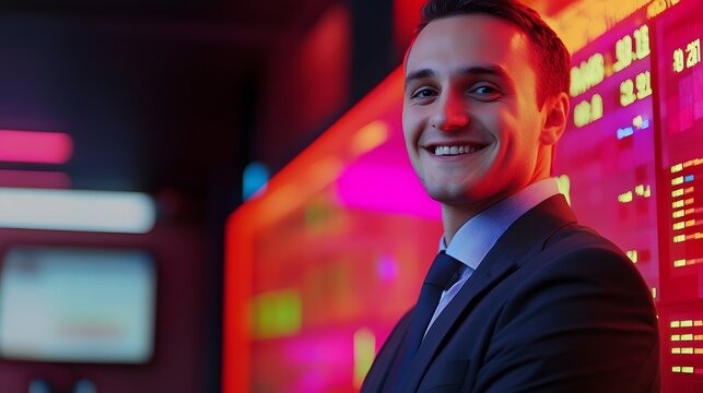 Young trader smiling confidently in front of a glowi AI generated illustration