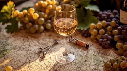 Glass of wine is on a table with a map and grapes