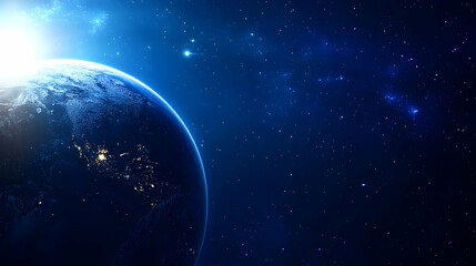 Wall Mural - a stunning digital illustration of a blue planet with stars and a bright light in the distance
