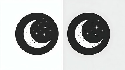 Wall Mural - simple black and white illustration of a crescent moon with stars in a circle