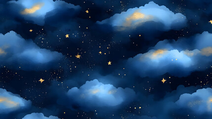 Wall Mural - watercolor night sky with golden stars and clouds seamless pattern illustration