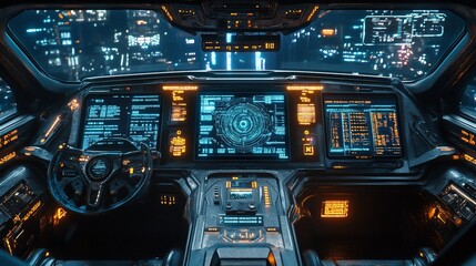 Poster - Futuristic vehicle cockpit with glowing digital interface and controls.