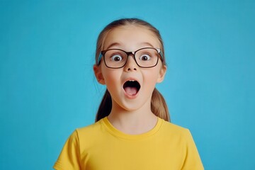 surprised schoolgirl wearing glasses opening mouth wide in amazement on blue background