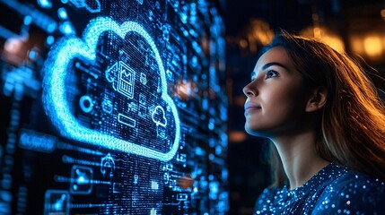 Poster - A team discussion on leveraging cloud computing for scalable innovation and efficiency Stock Photo with side copy space