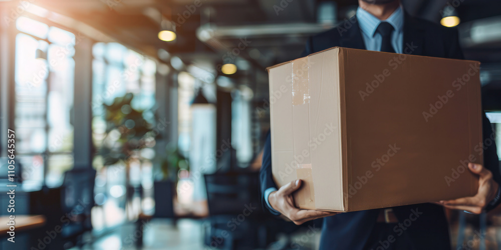 businessman holding carry package cardboard box resign fire walk out ...