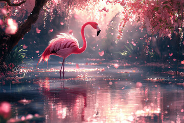 Wall Mural - flamingo stands gracefully in serene pond surrounded by pink blossoms, creating tranquil and ethereal atmosphere. soft light enhances beauty of scene