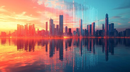 Aufkleber - A futuristic cityscape highlighting IoT integration in business and urban connectivity Stock Photo with side copy space