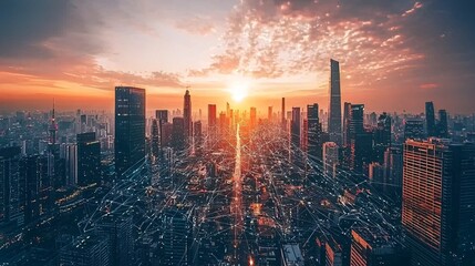 Aufkleber - A futuristic cityscape highlighting IoT integration in business and urban connectivity Stock Photo with side copy space