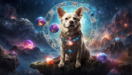 Wall Mural - mystical dog surrounded with horoscope and zodiac signs over magic universe, astrology and spiritual