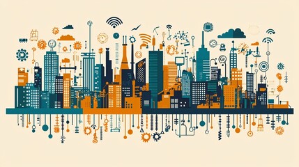 Poster - An abstract graphic of IoT connectivity shaping the future of global business operations Stock Photo with side copy space