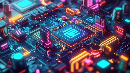 Aufkleber - Illustration shows tech circuit board with bright neon light glow. Modern tech elements. Digital transformation concept. Future tech. App modernization. Legacy applications upgrade. Improved