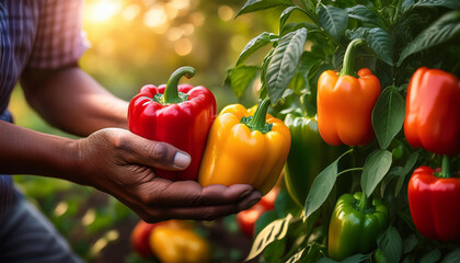 Wall Mural - Farmer picking glossy bell peppers red, yellow, and green amid blurred foliage and sunlight