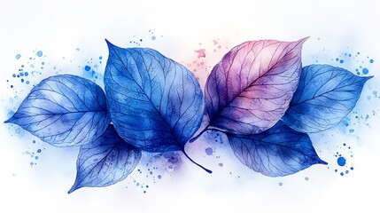 Poster - Elegant Watercolor Leaf Design in Soothing Blue and Purple Tones on White Background