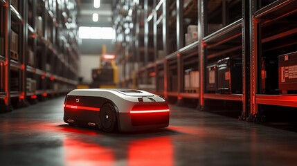 Poster - Automated guided vehicle navigating warehouse aisle.