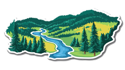 vector cartoon vector landscape view map with green pine trees and blue river flowing through it. st