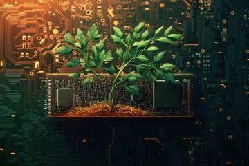 Poster - Green plant sprouts from circuit board. Tech eco concept. Sustainable tech future. Growth from digital tech. Innovation in tech. Nature, tech connection. Future of tech. Eco friendly tech. Modern
