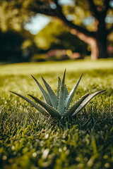 Poster - Aloe vera plant thrives in lush green grass on a sunny day in a serene garden setting