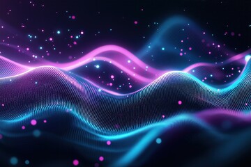 Poster - Abstract futuristic tech digital wave with glowing particles. Dynamic data background. Vibrant colors. Modern design. Perfect for tech presentations or innovative product visuals.