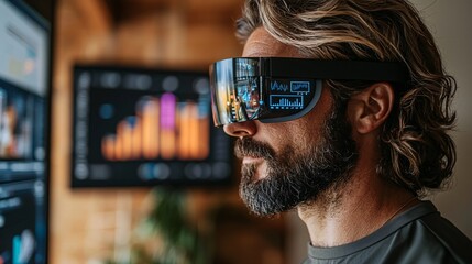 Poster - A business leader using augmented reality glasses to interact with a digital dashboard Stock Photo with side copy space