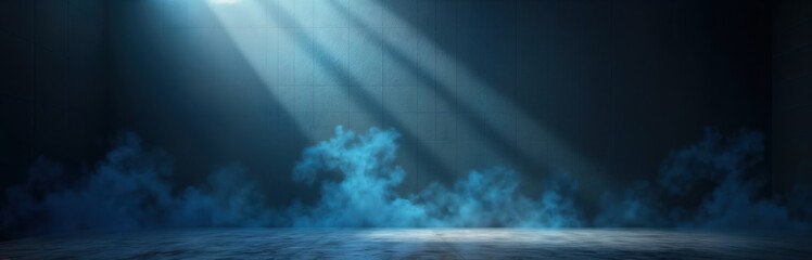 Aufkleber - Dark room with dark blue smoky mist on floor. Light rays shine from top left corner illuminating space creating dramatic ambiance. Abstract, mysterious space evoking storm fog. Suitable for
