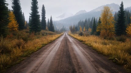 Wall Mural - A scenic dirt road winds through a forest of tall pine trees and vibrant autumn foliage, leading toward misty mountains in the background, Ideal for nature-related projects, travel blogs