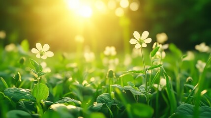 Canvas Print - A serene close-up of delicate white flowers blooming in a sunlit field, surrounded by vibrant green foliage, Ideal for nature, wellness, or environmental projects and publications,