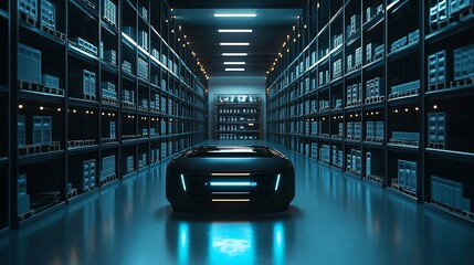Aufkleber - Autonomous vehicle in futuristic warehouse.