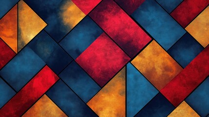 Poster - Abstract geometric pattern. Red blue, yellow textured tiles. Interlocking shapes create visual design. Intricate geometric pattern. Colorful tile pattern. Modern design. Modern geometric shapes.