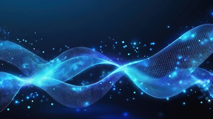 Poster - Abstract blue wavy lines form dynamic tech background. Intricate digital network structure creates sense of big data. Futuristic design evokes wave particle tech. Suitable for business presentations