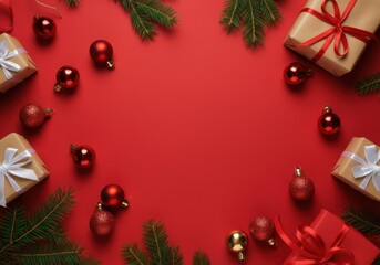 Wall Mural - Festive christmas scene with wrapped gifts, red baubles, and green pine branches