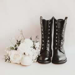 Black biker boots and white wedding shoes beside bouquet of white roses create striking contrast, symbolizing blend of edgy and traditional styles